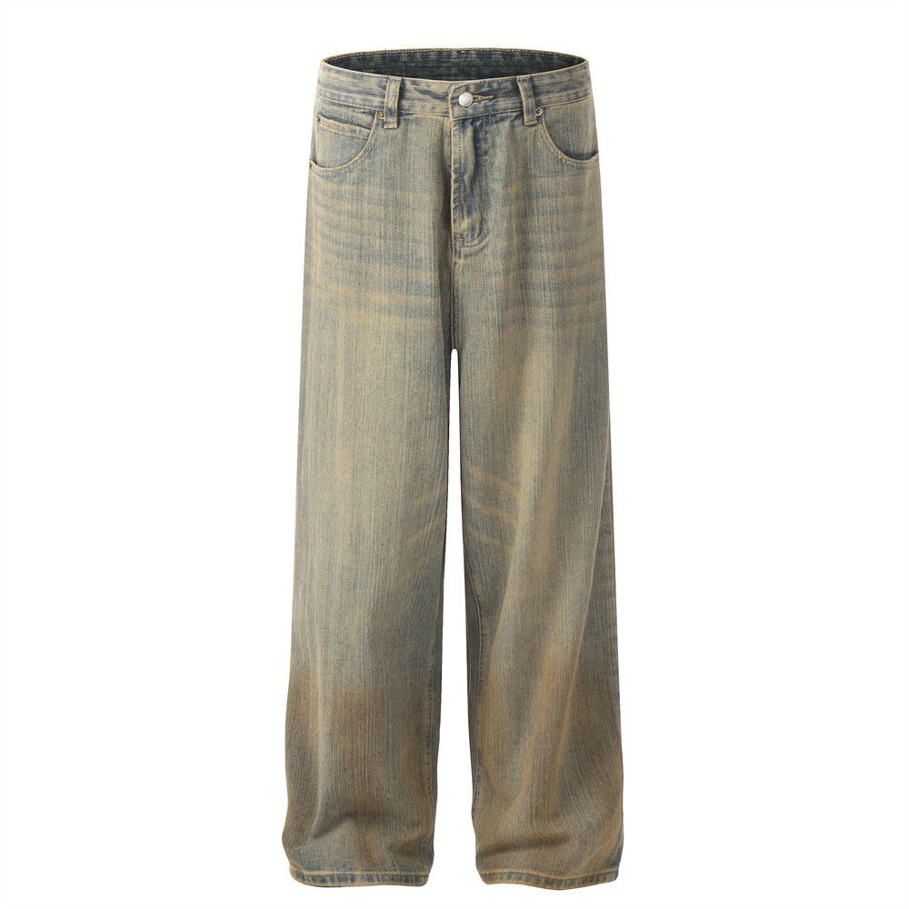 Waste Land Tie-Dye Vintage Dirty Jeans For Men Street Style Punk Washed Gradient Loose Straight Long Pants_mkmklike.com