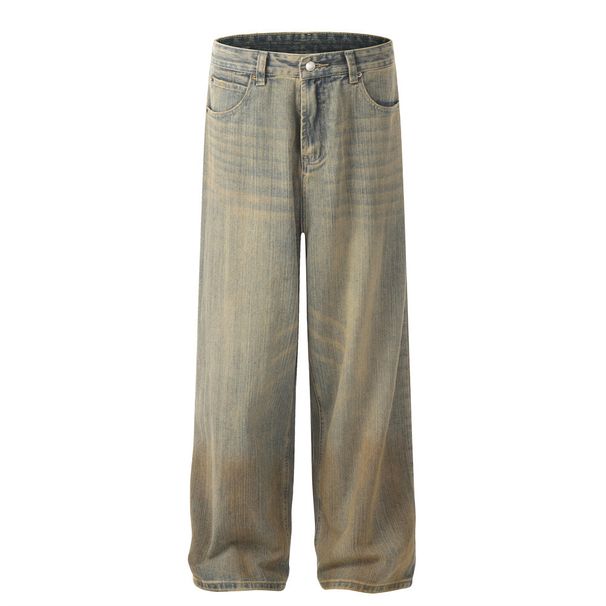 Waste Land Tie-Dye Vintage Dirty Jeans For Men Street Style Punk Washed Gradient Loose Straight Long Pants_mkmklike.com
