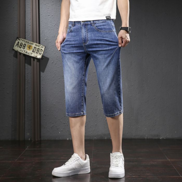 Summer Thin Ice Silk Cropped Denim Shorts For Men, Loose Fit Men's Casual Shorts, Elastic Mid Length Pants_mkmklike.com