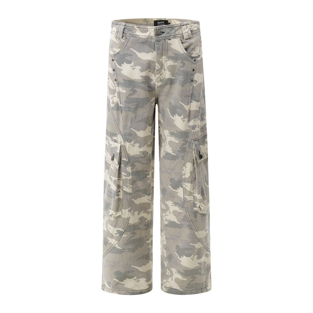 Camouflage Cargo Men's American High Street Hip-Hop Wide-Leg Casual Trendy Ins Rivet Decorated Straight-Leg Long Pants_mkmklike.com