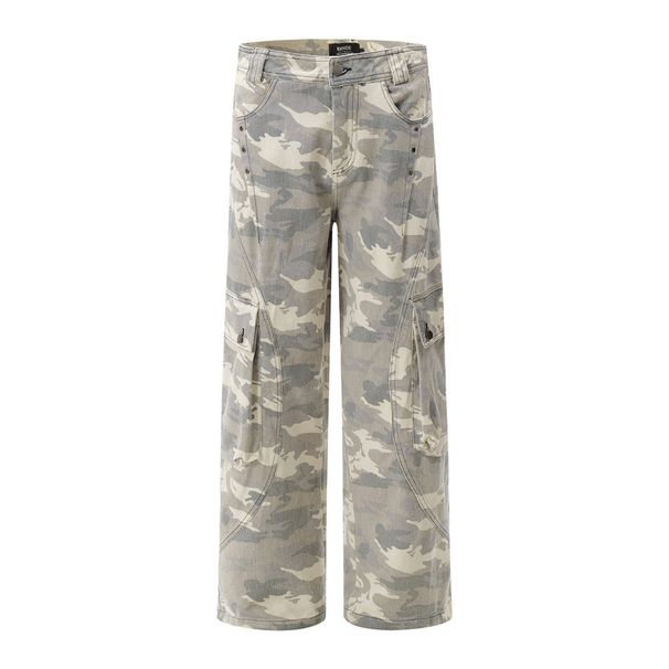 Camouflage Cargo Men's American High Street Hip-Hop Wide-Leg Casual Trendy Ins Rivet Decorated Straight-Leg Long Pants_mkmklike.com