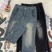 Men's Retro Deconstructed Jeans – Gradient Patchwork Straight-Leg To Flare Denim Pants (S-3XL, Distressed Black/Blue)_mkmklike.com