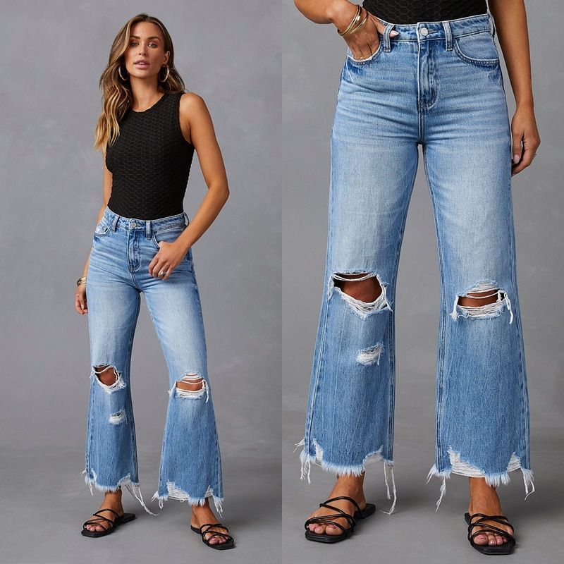 2026 New Ripped Tassel Denim Women's Street High Waist Straight Wide Leg Trousers Summer Jeans Women_mkmklike.com