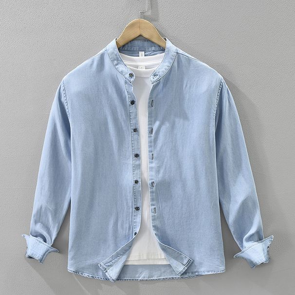 Retro Denim Stand Up Collar Long Sleeved Shirt For Men, Casual Casual Loose Top, Trendy_mkmklike.com