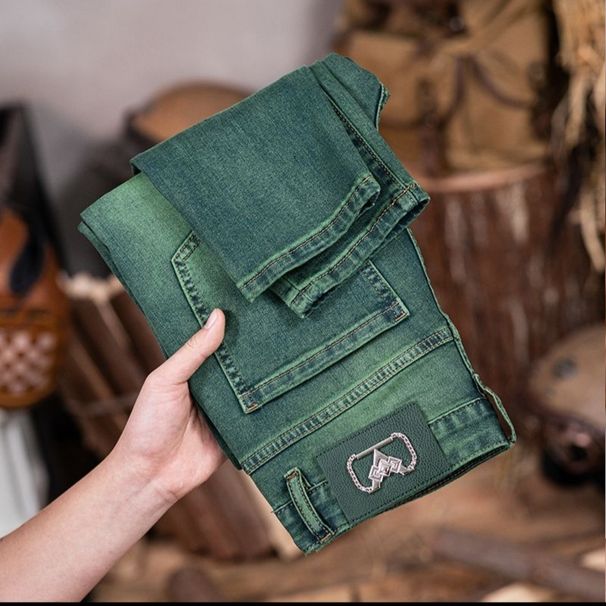 Men's Slim Fit Jeans Emerald Green Washed Casual Versatile Trousers Spring Fashion Elastic_mkmklike.com