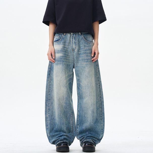 Vintage Washed Loose Fit Banana Jeans Men's Curved Hem American Streetwear Retro Denim Trousers with Relaxed Silhouette_mkmklike.com