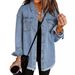 Women's Distressed Denim Shirt Jacket Long Sleeve Oversized Vintage Coat, Cotton Blend Polo Collar Streetwear, Washed & Frayed Hem For Casual Fall_mkmklike.com