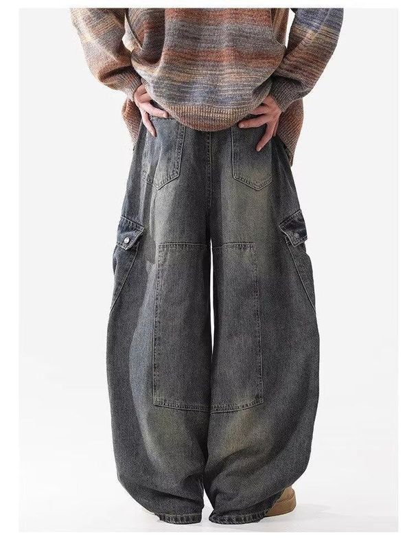 Ayudai Men's Retro Washed Distressed Straight Leg Jeans Style Loose Wide Leg Cargo Casual Long Pants For Women_mkmklike.com