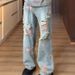 American High Street Flower Ripped Jeans Men's Summer High-end Thin Pants Rose Full Print Straight Trousers_mkmklike.com