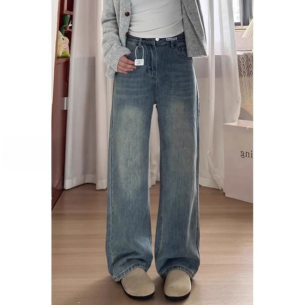 Retro Blue Straight Leg Jeans High Waisted Fleece Lined plus Size Slimming Loose Wide Leg Pants for Women Pear Shaped Figure Autumn Winter_mkmklike.com