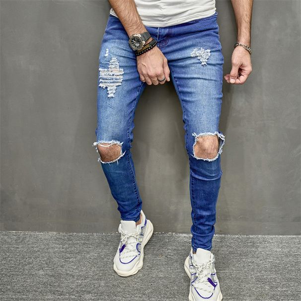 2023 New European And American Style Men's Distressed Skinny Jeans With Slight Stretch Selfie Photo_mkmklike.com