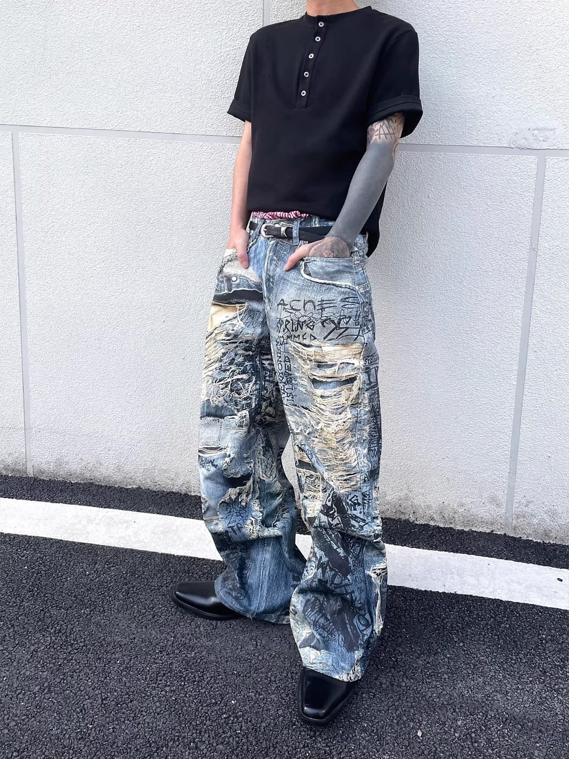 Men's Clothing Distressed Hand Painted Graffiti 3D Print Loose Straight Leg Jeans Unisex Baby Denim King American Style_mkmklike.com
