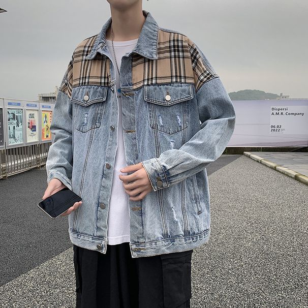 Men's Distressed Denim Jacket With Patchwork Design, Loose Fit, Vintage Style, Casual Outerwear For Spring & Autumn_mkmklike.com
