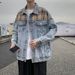 Men's Distressed Denim Jacket With Patchwork Design, Loose Fit, Vintage Style, Casual Outerwear For Spring & Autumn_mkmklike.com