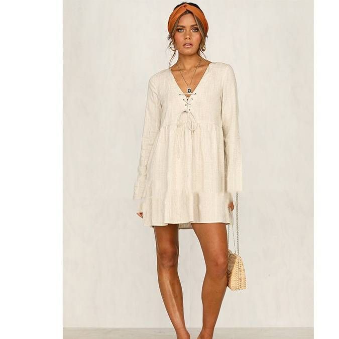 Women's Clothing V-neck rivet lace-up cotton and linen long-sleeved dress _mkmklike.com