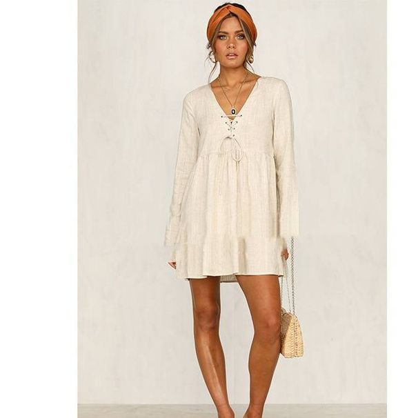 Women's Clothing V-neck rivet lace-up cotton and linen long-sleeved dress _mkmklike.com