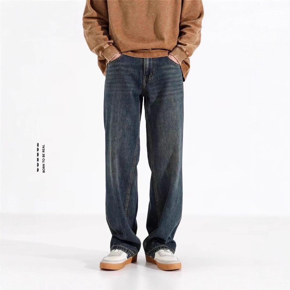 Men's Clothing Basic Washed Retro Fleece Lined Straight Leg Washed Straight Leg Jeans Retro Korean Style Loose Fit Casual Denim Pants For Teen Boys_mkmklike.com