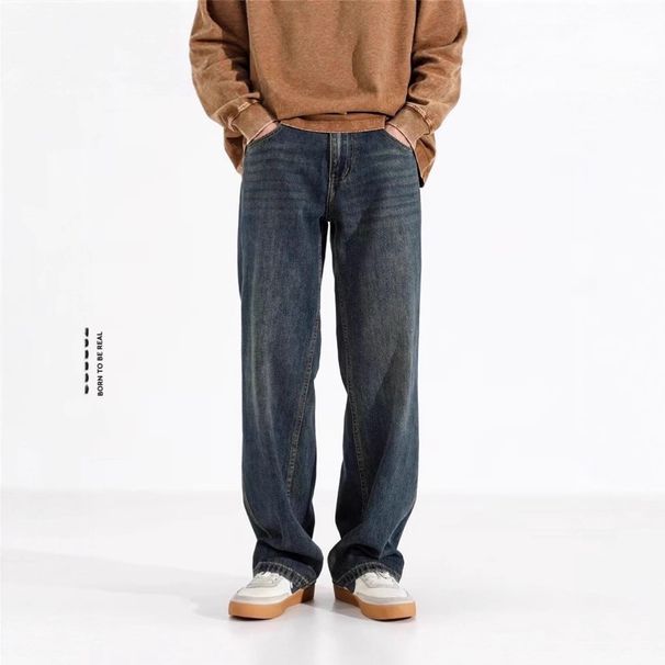 Men's Clothing Basic Washed Retro Fleece Lined Straight Leg Washed Straight Leg Jeans Retro Korean Style Loose Fit Casual Denim Pants For Teen Boys_mkmklike.com