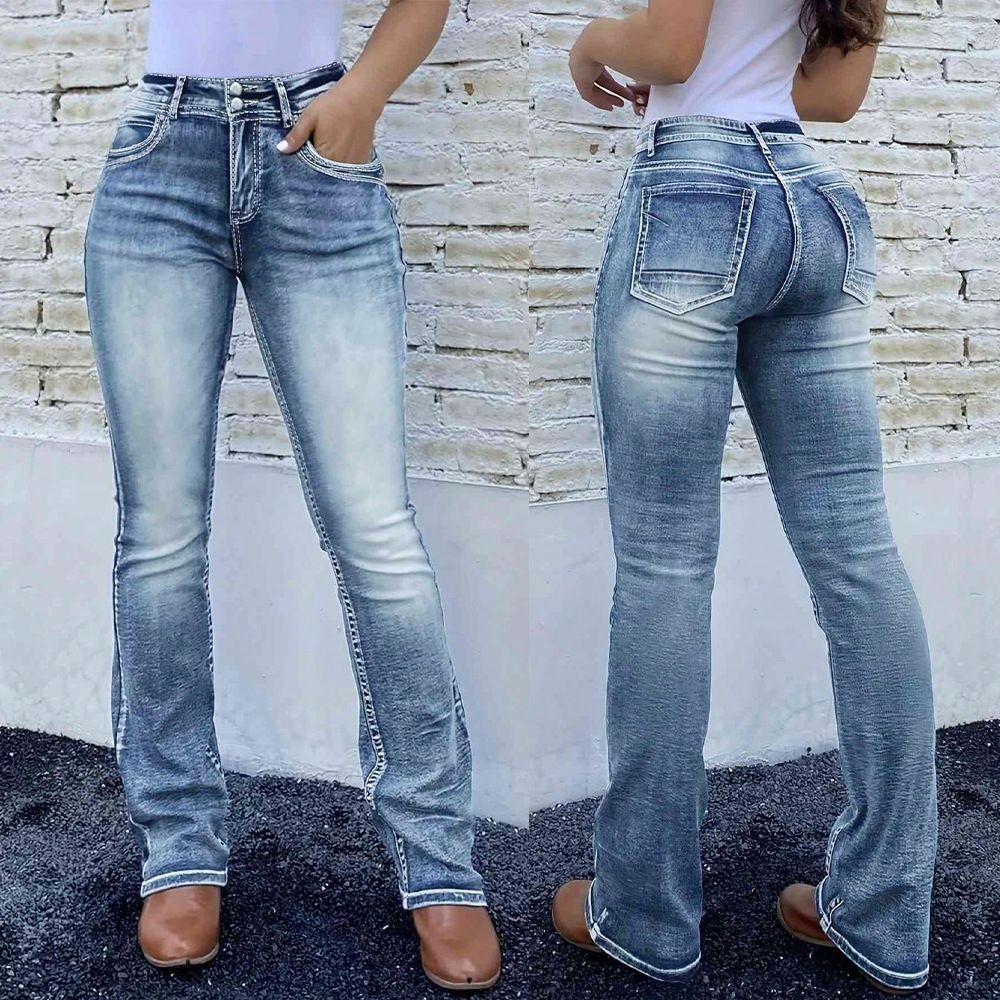 Women's Clothing Women's Retro Embroidered Patchwork Flared Denim Trousers Stretch Pocket Washed Look For Formal & Casual For Women_mkmklike.com