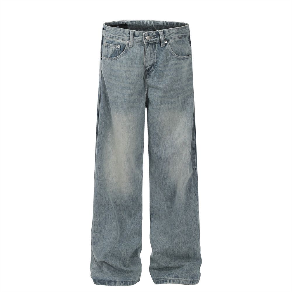 Side Ruched Wide-Leg Design Niche Jeans Men's American Style Trendy Loose Washed Vintage Casual Long Pants_mkmklike.com