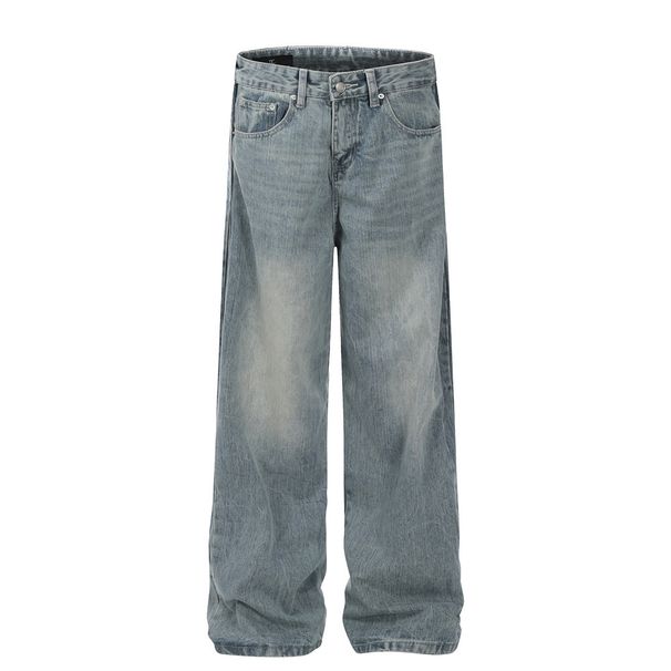 Side Ruched Wide-Leg Design Niche Jeans Men's American Style Trendy Loose Washed Vintage Casual Long Pants_mkmklike.com