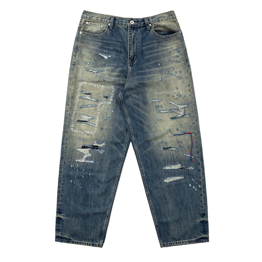 Men's Clothing Retro Heavy Industry Destruction Hand Wipe Cat Whisker Washed Loose Workwear Casual Jeans_mkmklike.com