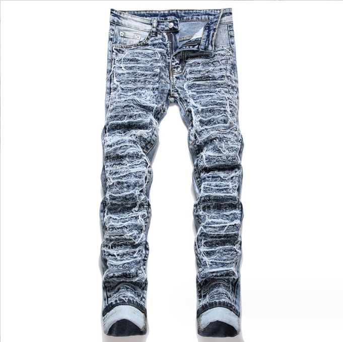 Men's Ripped Slim Straight Jeans – Distressed Washed Denim With Artistic Paint Splatter & Stretch Comfort (28-38, Blue)_mkmklike.com