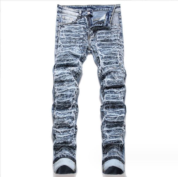 Men's Ripped Slim Straight Jeans – Distressed Washed Denim With Artistic Paint Splatter & Stretch Comfort (28-38, Blue)_mkmklike.com