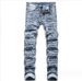 Men's Ripped Slim Straight Jeans – Distressed Washed Denim With Artistic Paint Splatter & Stretch Comfort (28-38, Blue)_mkmklike.com