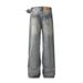 Men's Vintage Washed Denim Jeans - 90s Streetwear Belted Wide-Leg Pants, Distressed Light Blue Straight Fit_mkmklike.com