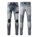 American Retro Jeans, Men's Trend, Pu Leather Ripped Patch Slimming Men's Pants, Fashionable Long Pants_mkmklike.com