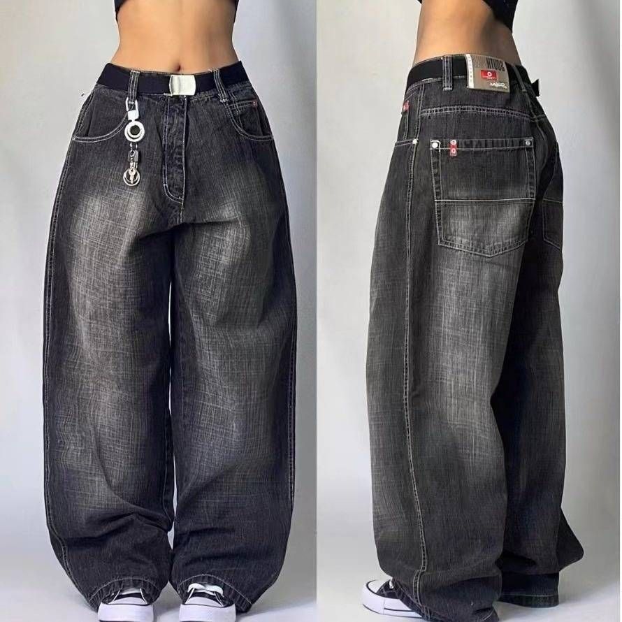 Women's Clothing Black And Gray Denim Wide Leg Pants Jazz Dance Pants High Waist Retro Old Ins Niche Design Pants_mkmklike.com