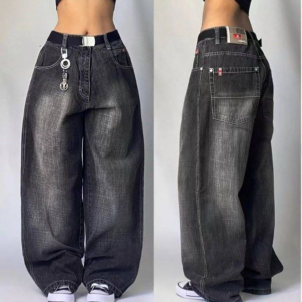 Women's Clothing Black And Gray Denim Wide Leg Pants Jazz Dance Pants High Waist Retro Old Ins Niche Design Pants_mkmklike.com