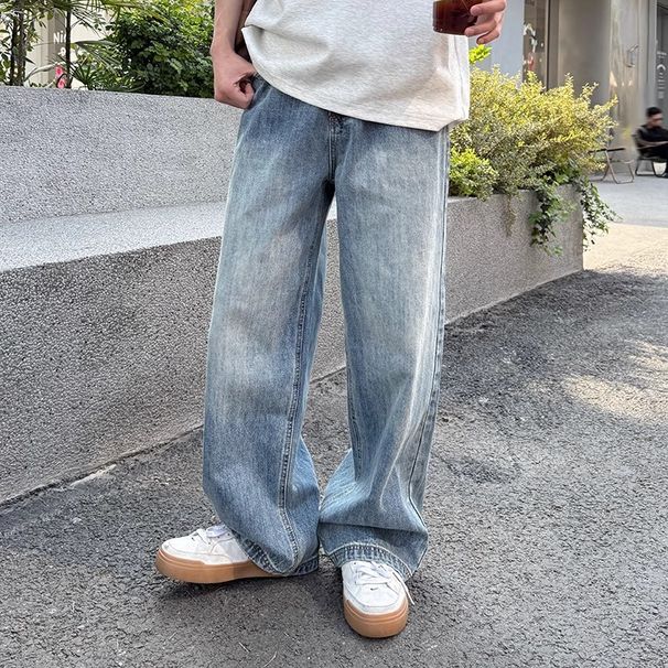 Men's Washed Blue Straight Leg Loose Fitting Jeans American Style Casual Summer Long Pants Versatile Simple Trendy Clothing_mkmklike.com