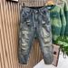 Men's Washed Vintage Style Distressed Patched Jeans Tapered Straight Leg High Street Fashion Cool Trendy Long Pants_mkmklike.com