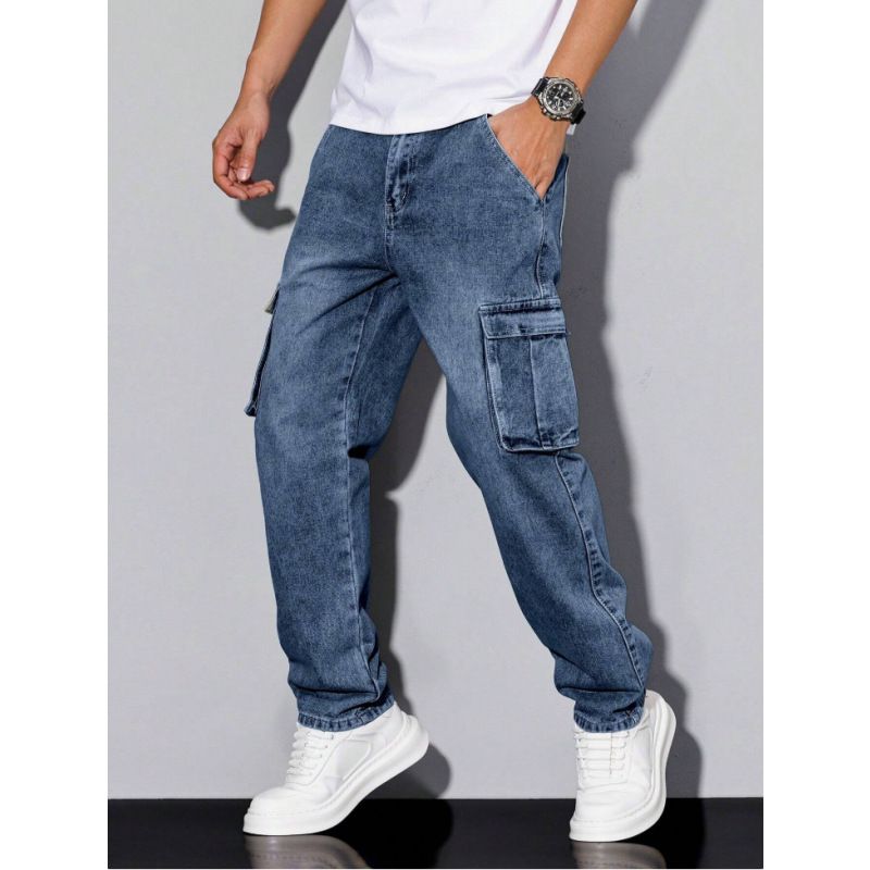 Men's Loose Fit Straight Leg Jeans Trendy Brand Midweight Elastic Mid Waist Long Pants_mkmklike.com