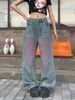 Women's Distressed High-Waisted Wide-Leg Jeans – Vintage Graffiti & Tie-Dye Streetwear Pants For Retro Aesthetic_mkmklike.com