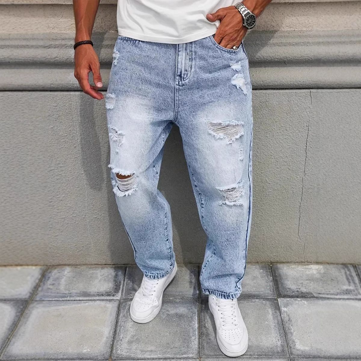 Men's Clothing Straight Leg Non-Stretch Light Blue Bicycle Style Classic Fit With Modern Appeal Ripped And Distressed Denim Jeans_mkmklike.com
