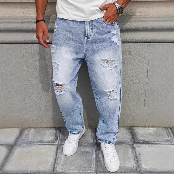 Men's Clothing Straight Leg Non-Stretch Light Blue Bicycle Style Classic Fit With Modern Appeal Ripped And Distressed Denim Jeans_mkmklike.com