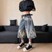 Men's Clothing Unisex High Street Lightning Bolt Pattern Denim Capri Shorts Street Style Over The Knee Mid Length Loose Wide Leg Trendy_mkmklike.com