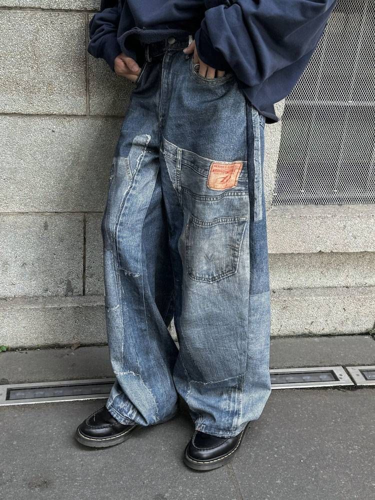 Vintage Washed Patchwork Jeans For Men & Women – Distressed Denim Pants With Printed Design, Relaxed Fit & Straight Wide Leg_mkmklike.com