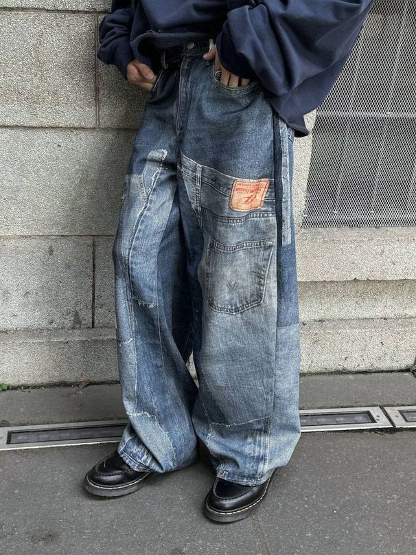Vintage Washed Patchwork Jeans For Men & Women – Distressed Denim Pants With Printed Design, Relaxed Fit & Straight Wide Leg_mkmklike.com