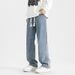 Men's Straight Leg Jeans Midweight Cotton Wide Leg Pants Trendy Loose Fit Casual Trousers for Spring And Autumn Black Blue_mkmklike.com