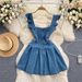 Women's Clothing Women's Age-reducing College-style Sweet Flying Sleeve Strap Dress Women's Retro Denim A- Line Short Dress Trendy_mkmklike.com
