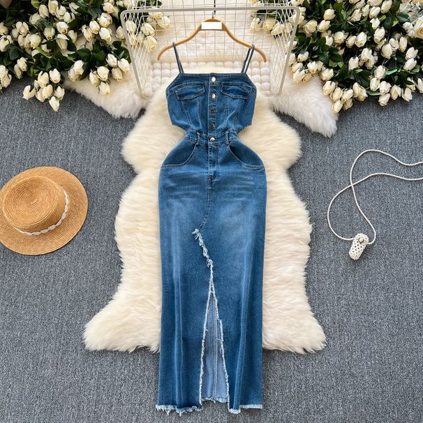 Women's Clothing Hong Kong style retro denim skirt design raw edge slit slim fit medium and long suspender dress for women spring and autumn_mkmklike.com