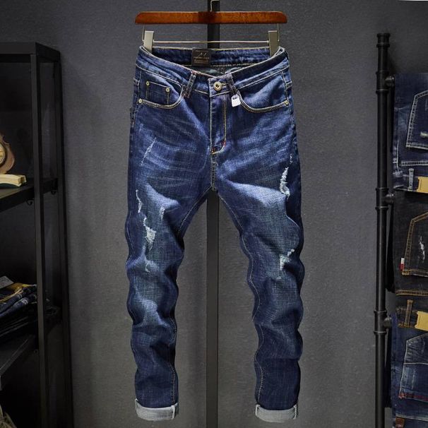 Trendy Cross-Border Elasticity Jeans New Season Men's Hole Fashion Korean Style Casual Slims Smooth Your Silhouette Small Foot Denim Pants_mkmklike.com