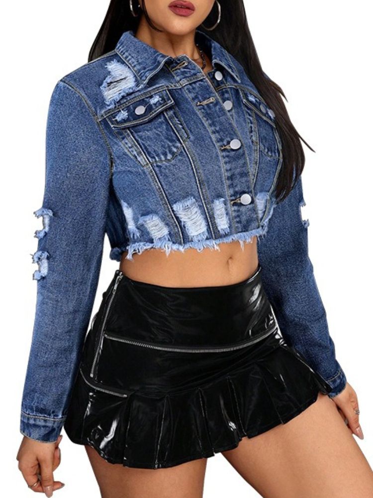 K Women's New Denim Fashion Style Ripped Tassel Top Jacket_mkmklike.com