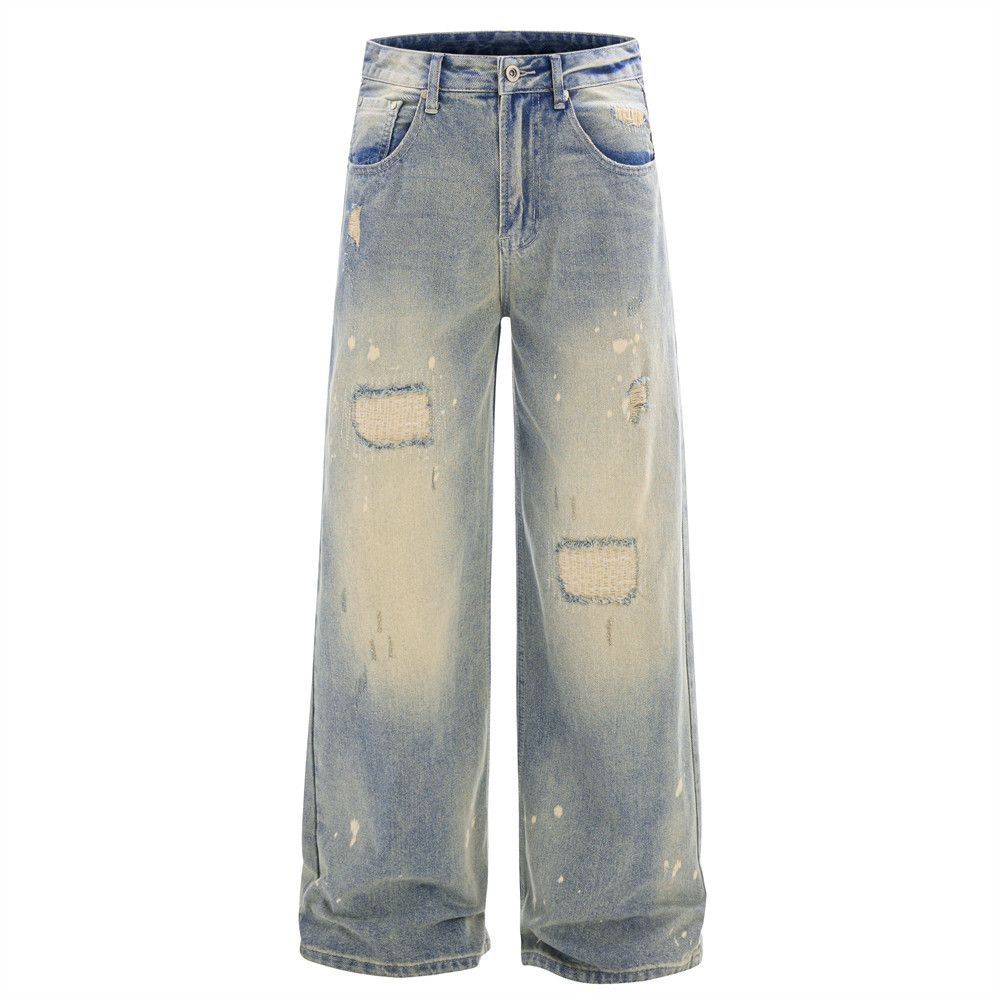 Punk Washed Ripped Patch Wide-Leg Jeans Men's Beggar Style Faded Gradient Distressed Loose Straight Long Pants_mkmklike.com