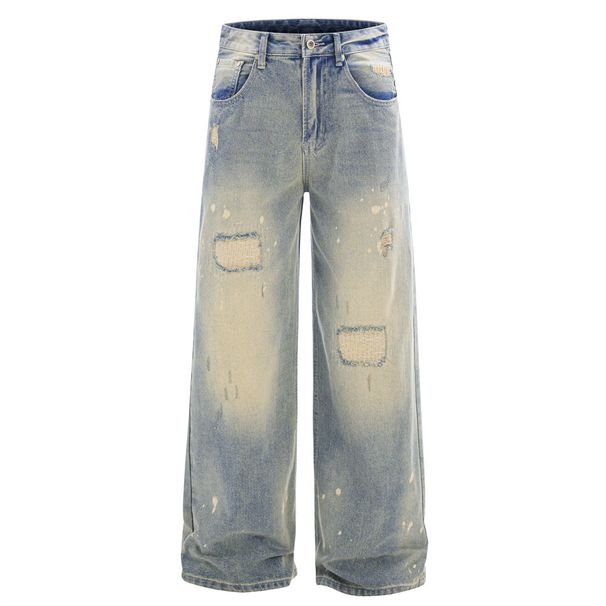 Punk Washed Ripped Patch Wide-Leg Jeans Men's Beggar Style Faded Gradient Distressed Loose Straight Long Pants_mkmklike.com