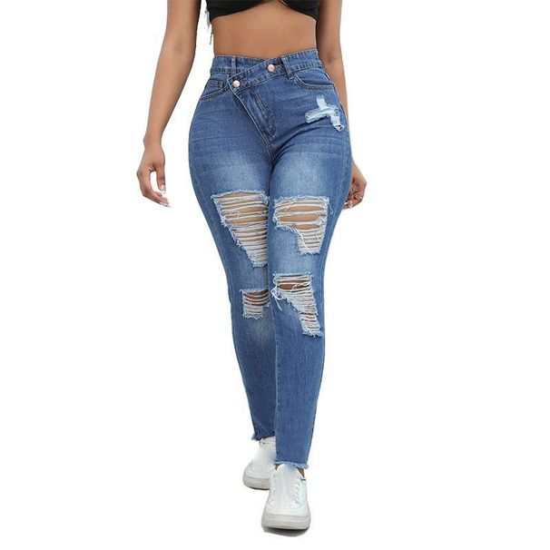 Women's Clothing Fashion Denim Small Feet Ripped Long Sexy High Waist Black Jeans_mkmklike.com